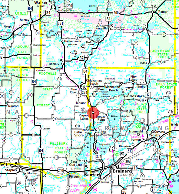 Minnesota State Highway Map of the Pequot Lakes Minnesota area