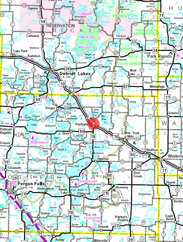 Minnesota State Highway Map of the Perham Minnesota area