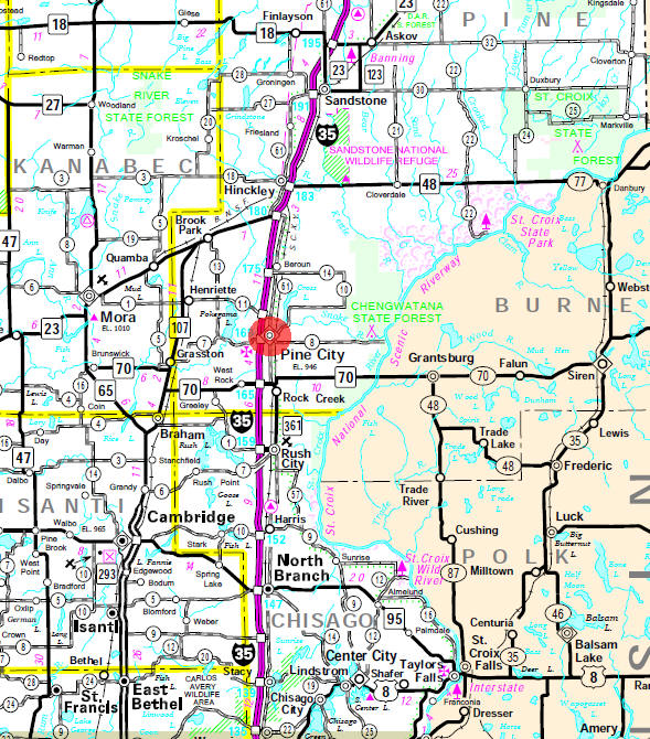 Minnesota State Highway Map of the Pine City Minnesota area
