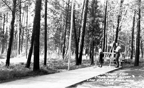 Man and woman playing shuffleboard outdoors at Spring Beach Resort near Pine River Minnesota, 1940
