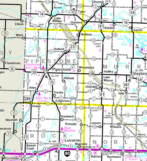 Minnesota State Highway Map of the Pipestone County Minnesota area