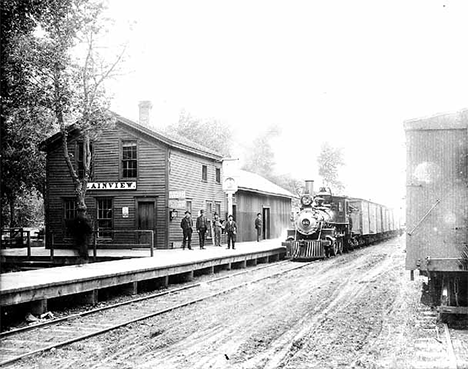 Railroad station and train at Plainview Minnesota, 1890