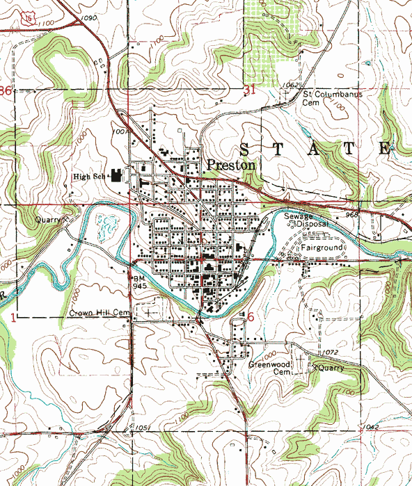 Topographic map of the Preston Minnesota area