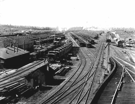 Number 151 railroad yard at Proctor filled with ore trains, 1910