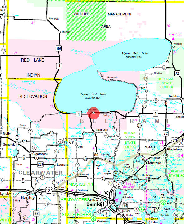 Minnesota State Highway Map of the Red Lake Minnesota area