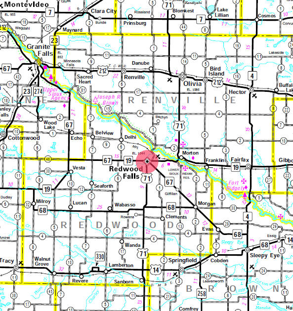 Minnesota State Highway Map of the Redwood Falls Minnesota area