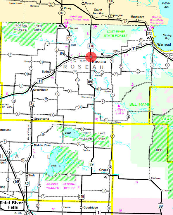 Minnesota State Highway Map of the Roseau Minnesota area