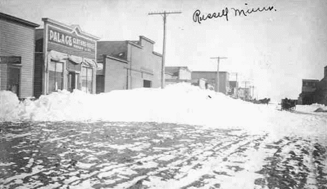 Winter street scene, Russell Minnesota, 1909