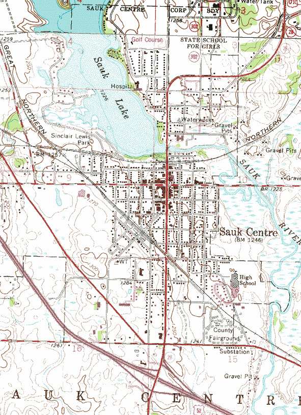 Topographic map of the Sauk Centre Minnesota area