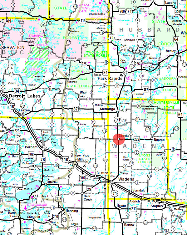 Minnesota State Highway Map of the Sebeka Minnesota area