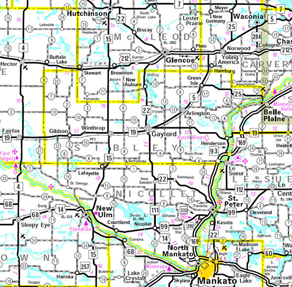 Minnesota State Highway Map of the Sibley County Minnesota area
