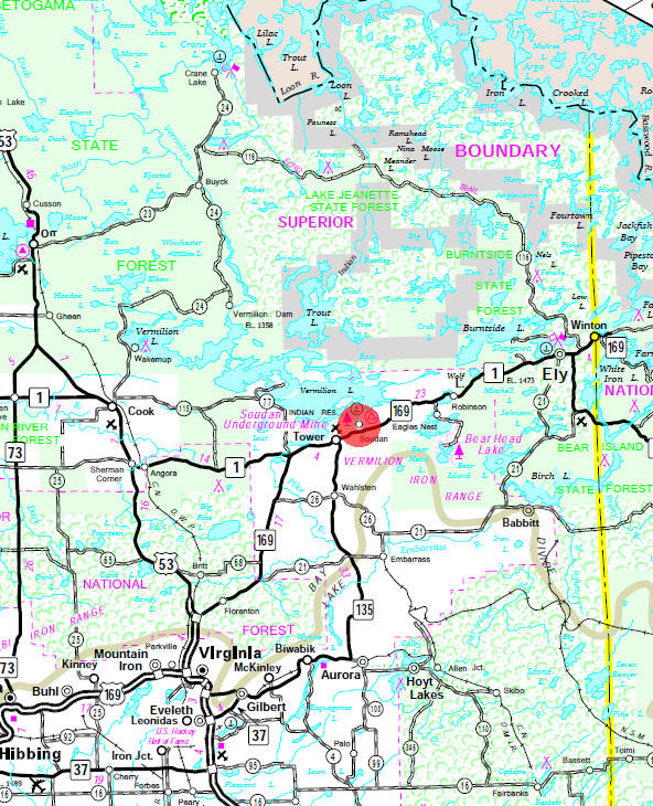 Minnesota State Highway Map of the Soudan Minnesota area