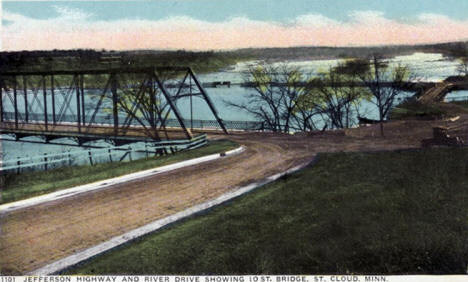 Jefferson Highway and River Drive showing 10th Street Bridge, St. Cloud Minnesota, 1920's