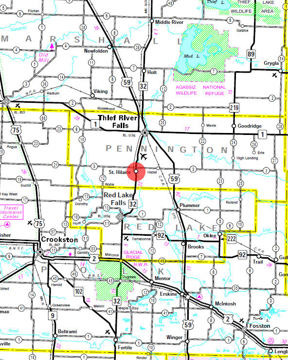Minnesota State Highway Map of the St. Hilaire Minnesota area
