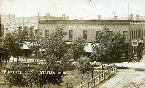 First Avenue and Hotel Columbia, Staples Minnesota, 1908