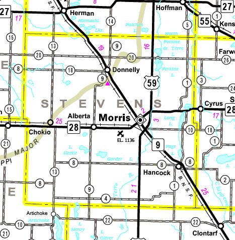 Minnesota State Highway Map of the Stevens County Minnesota area