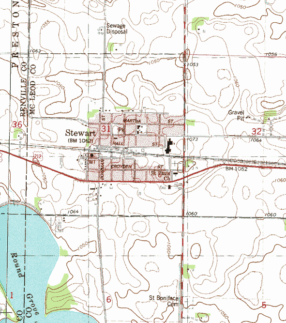 Topographic map of the Stewart Minnesota area