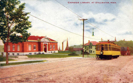 Carnegie Library and Streetcar, Stillwater Minnesota, 1907