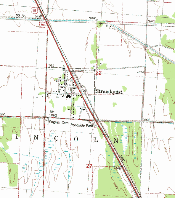 Topographic map of the Strandquist Minnesota area