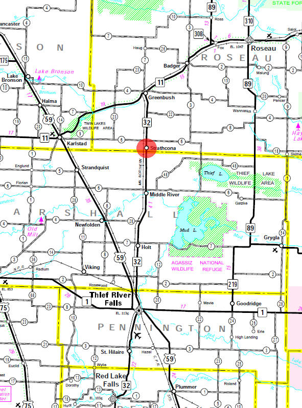 Minnesota State Highway Map of the Strathcona Minnesota area