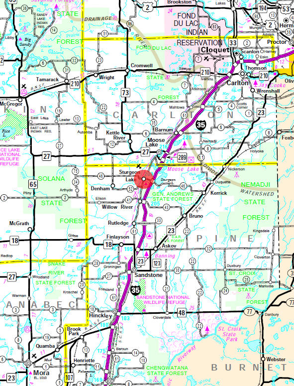 Minnesota State Highway Map of the Sturgeon Lake Minnesota area