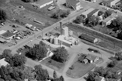Aerial view, Elevator feed mill and surrounding area, Swanville Minnesota, 1969