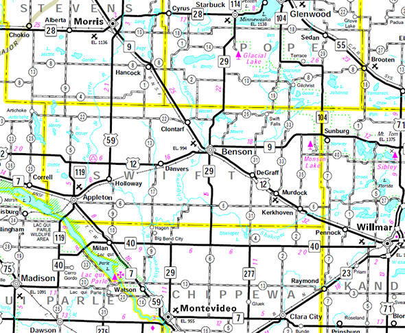 Minnesota State Highway Map of the Swift County Minnesota area