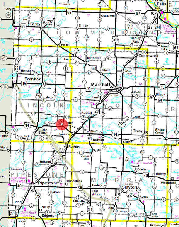 Minnesota State Highway Map of the Tyler Minnesota area