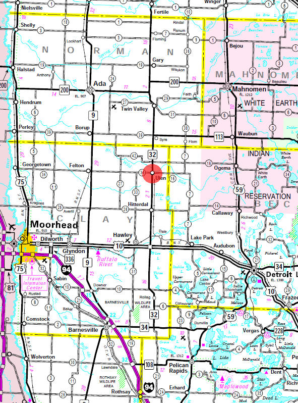 Minnesota State Highway Map of the Ulen Minnesota area