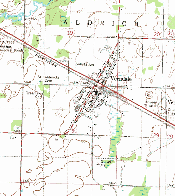 Topographic map of the Verndale Minnesota area