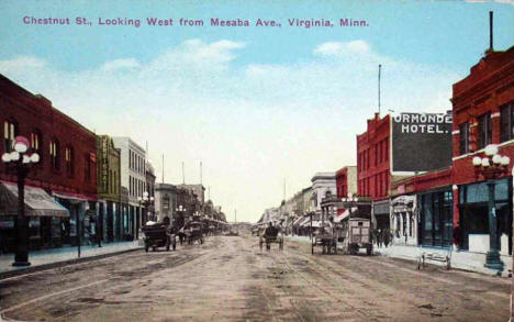 Chestnut Street looking west from Mesaba Avenue, Virginia Minnesota, 1910's?