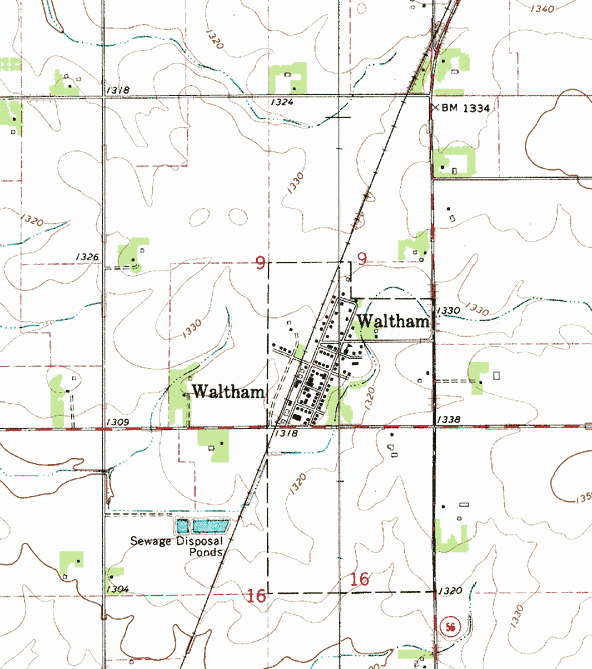Topographic map of the Waltham Minnesota area