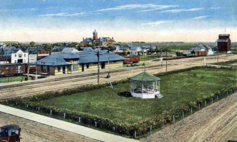 Central Park and Great Northern Depot, Warren Minnesota, 1920's