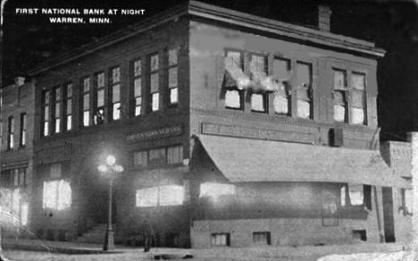 First National Bank at night, Warren Minnesota, 1920's