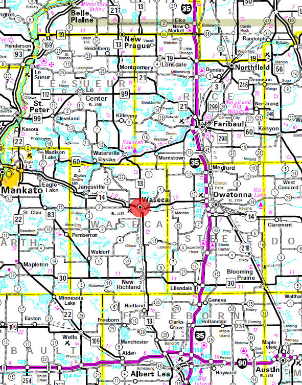 Minnesota State Highway Map of the Waseca Minnesota area