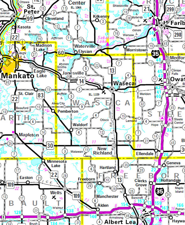 Minnesota State Highway Map of the Waseca County Minnesota area