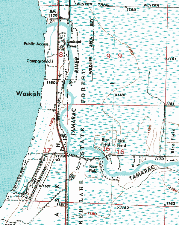 Topographic map of the Waskish Minnesota area