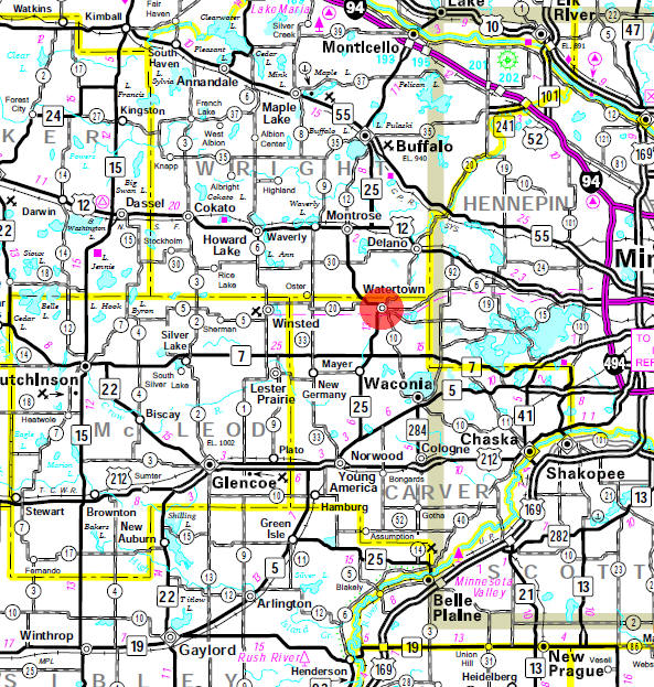 Minnesota State Highway Map of the Watertown Minnesota area