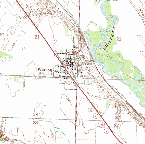 Topographic map of the Watson Minnesota area