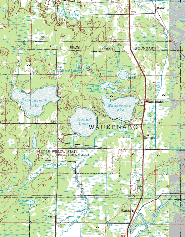Topographic map of the Waukenabo Minnesota area