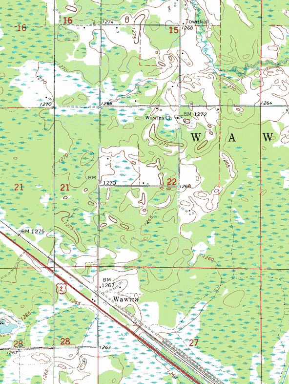 Topographic map of the Wawina Minnesota area