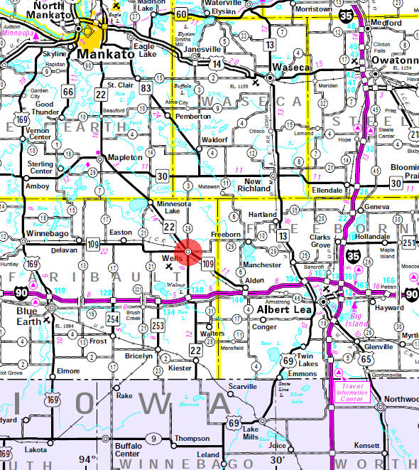 Minnesota State Highway Map of the Wells Minnesota area
