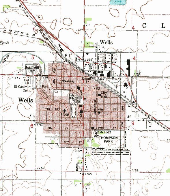 Topographic map of the Wells Minnesota area
