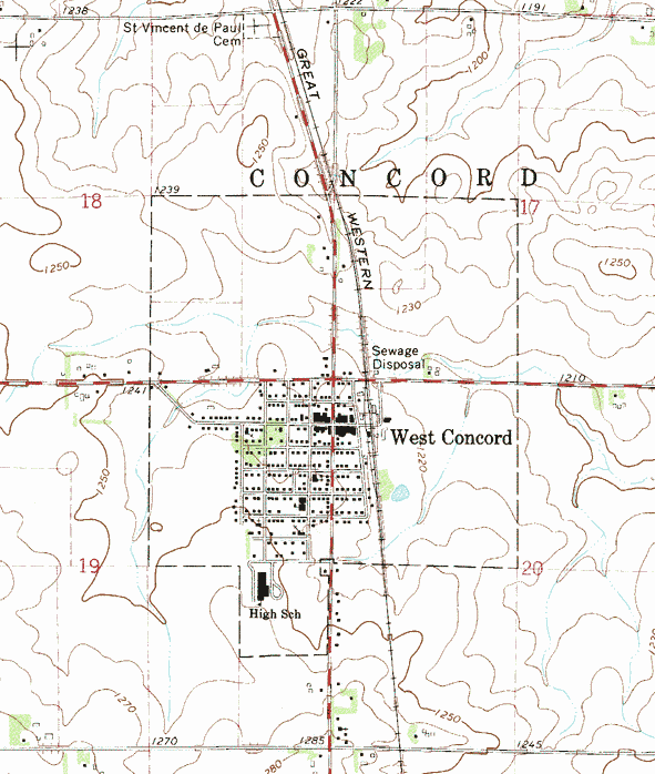 Topographic map of the West Concord Minnesota area