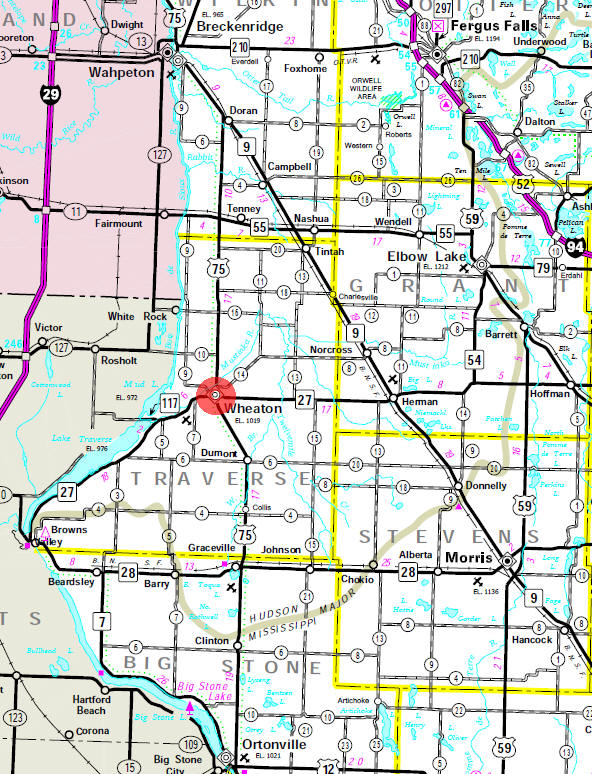 Minnesota State Highway Map of the Wheaton Minnesota area