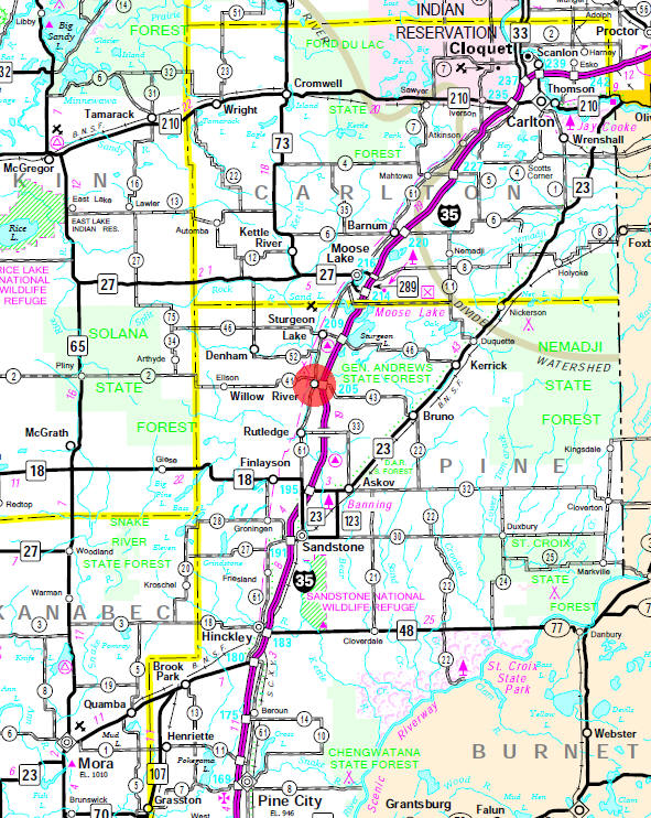 Minnesota State Highway Map of the Willow River Minnesota area