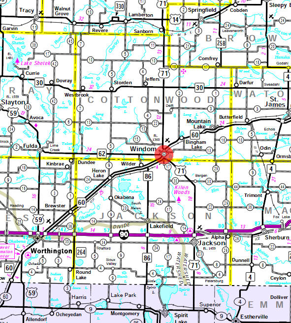 Minnesota State Highway Map of the Windom Minnesota area