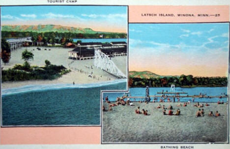 Tourist Camp and Bathing Beach at Latsch Island, Winona Minnesota, 1930's
