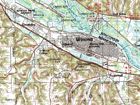 Topographic map of the Winona Minnesota area