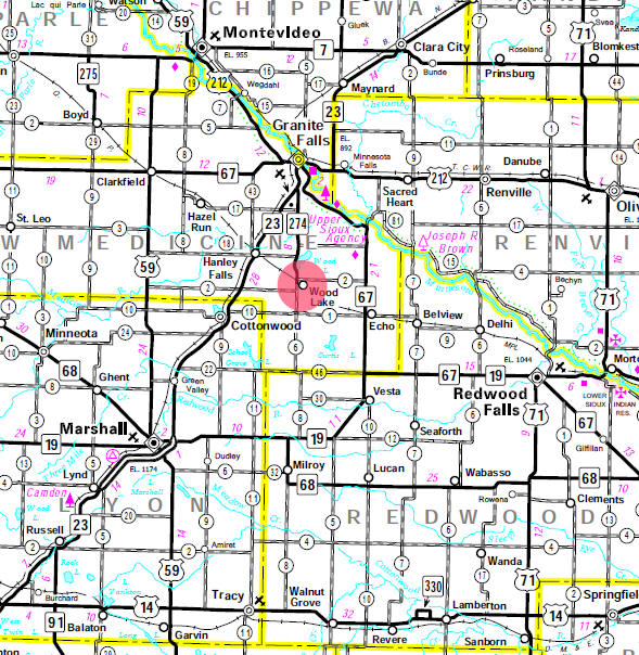 Minnesota State Highway Map of the Wood Lake Minnesota area